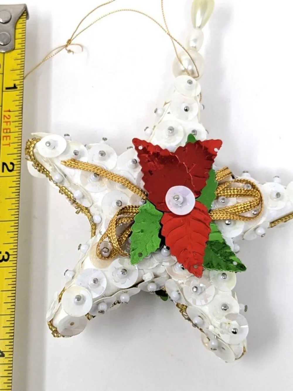 Vintage Handmade Push Pin Ornaments Bead Sequin White Set 3 Snowman Bell Star